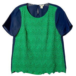 J. Crew Women's Laced Lined Short Sleeve Top Colorblock Blue Green Size Small